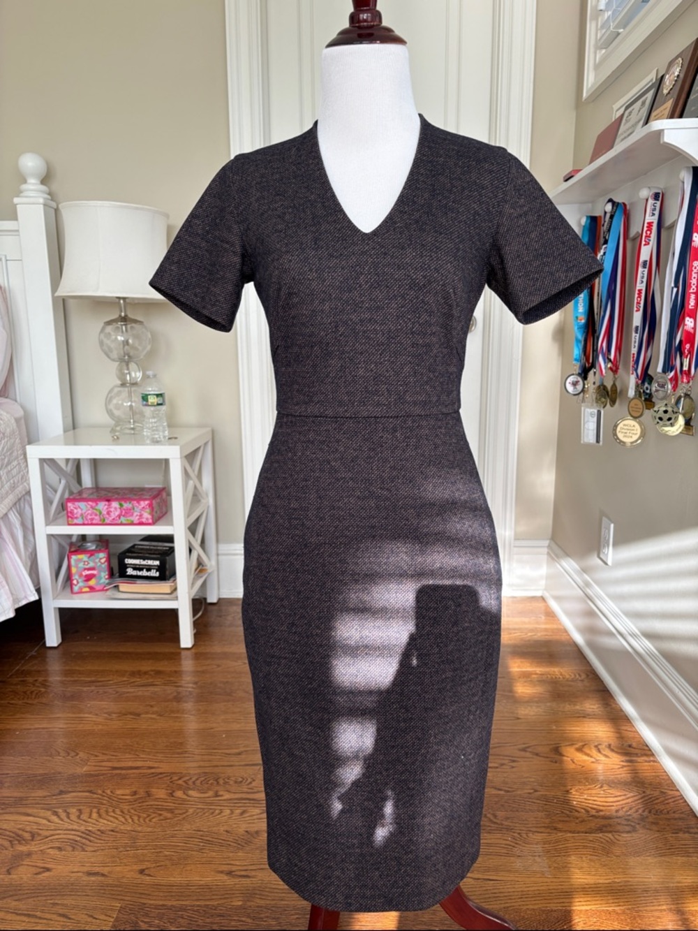V-Neck Tailored Midi Dress in Dark Navy pattern